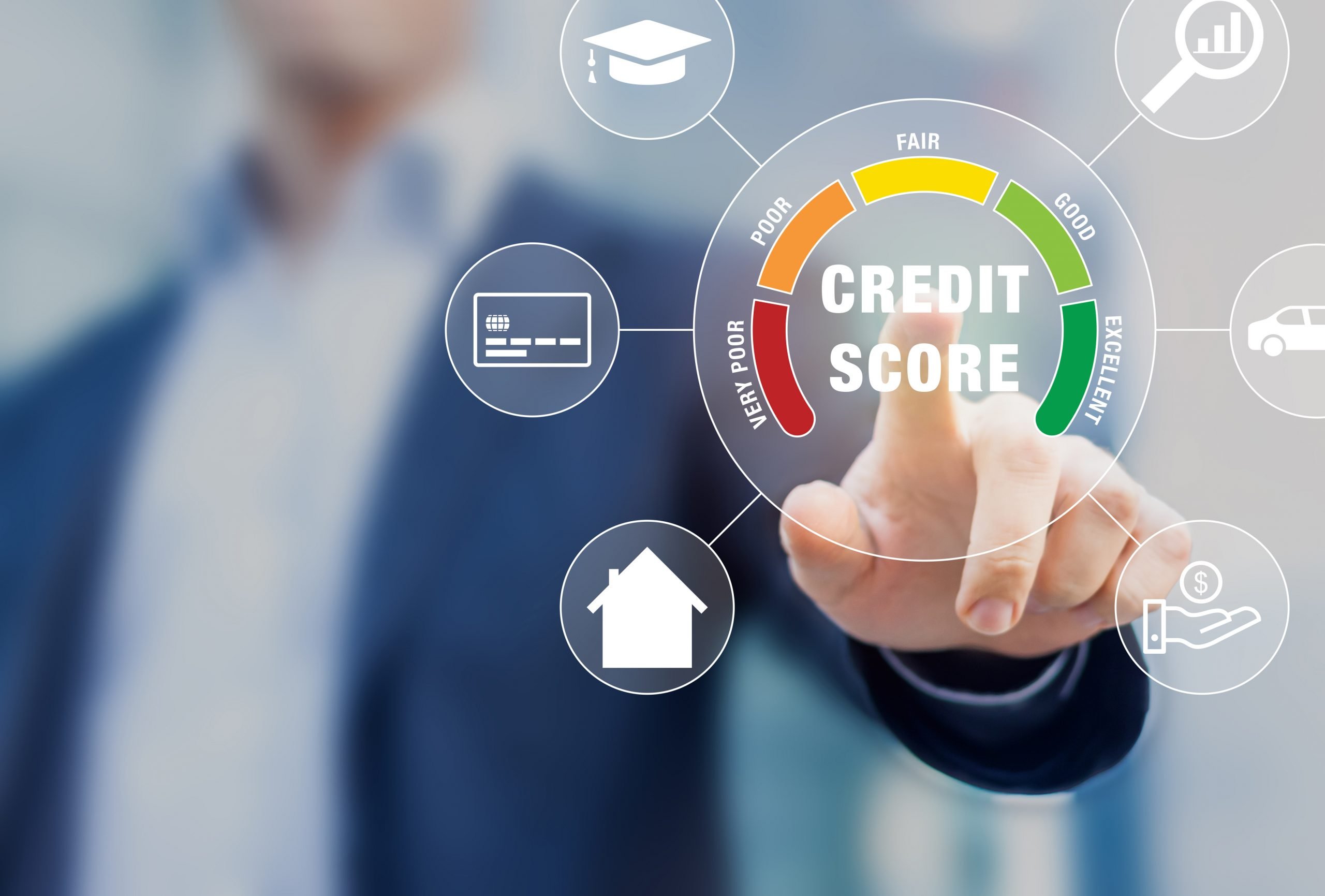 Credit Score rating based on debt reports showing creditworthiness or risk of individuals for student loan, mortgage and payment cards, concept with business person touching scorecard on screen