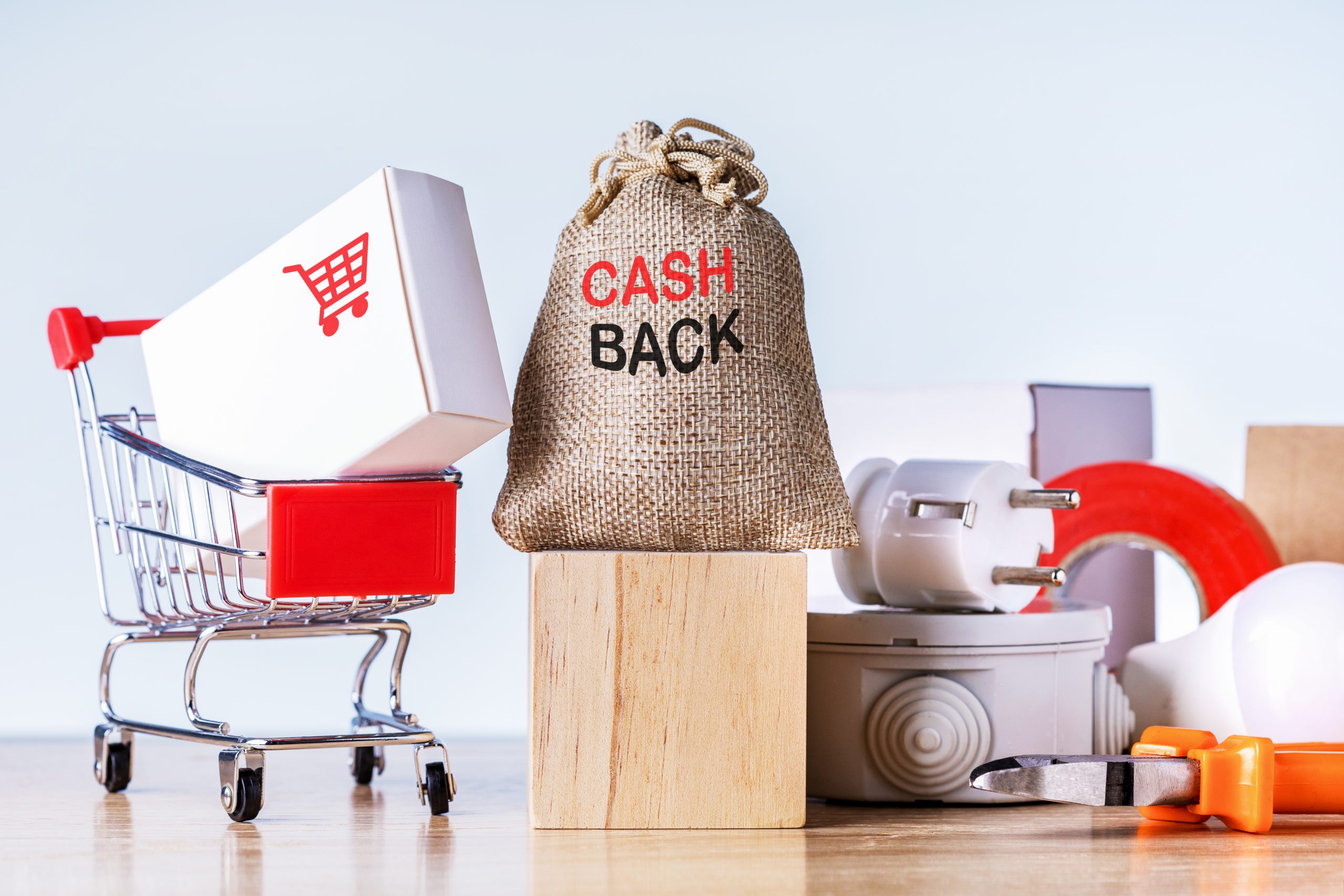 Bag with money of cash back and different products on counter