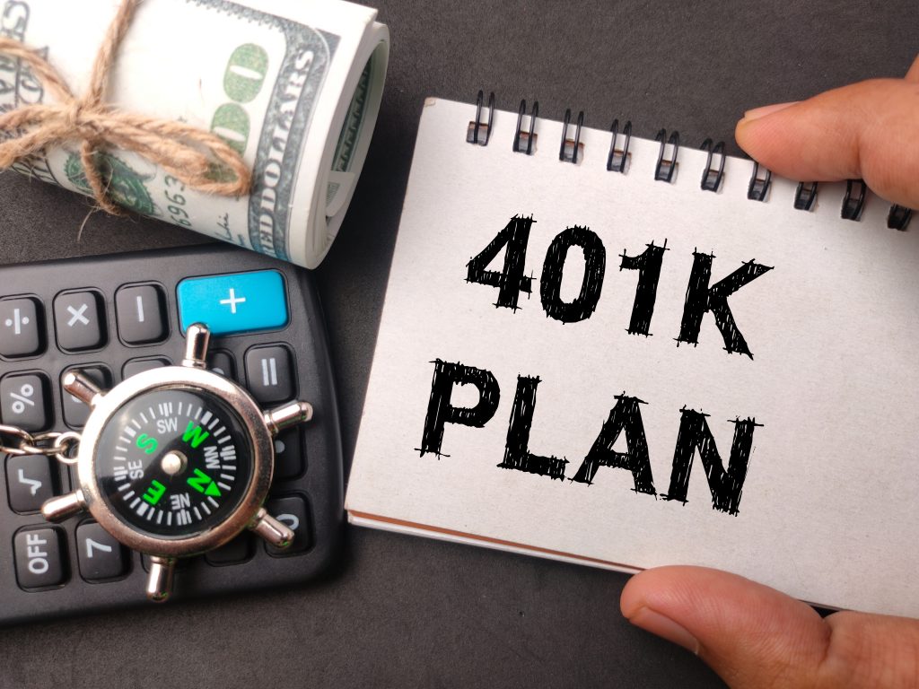 Top view calculator,compass and banknotes with text 401K PLAN on