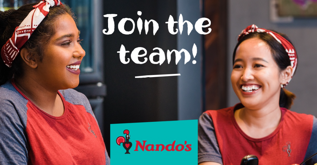 picture of two girls smiling working at Nando's with the writings "Join the team!" and Nando's logo