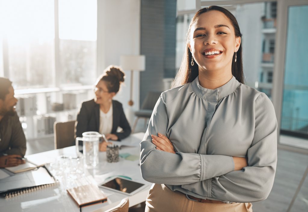 Portrait of proud business woman in office management, company face and happy for career opportunity and leadership. Professional worker or person workflow agenda, mission and job integrity