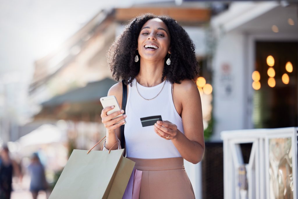 Shopping, credit card and portrait of woman with phone for ecommerce, information or confirmation. Online payment, face and banking for girl retail customer at a mall while checking score