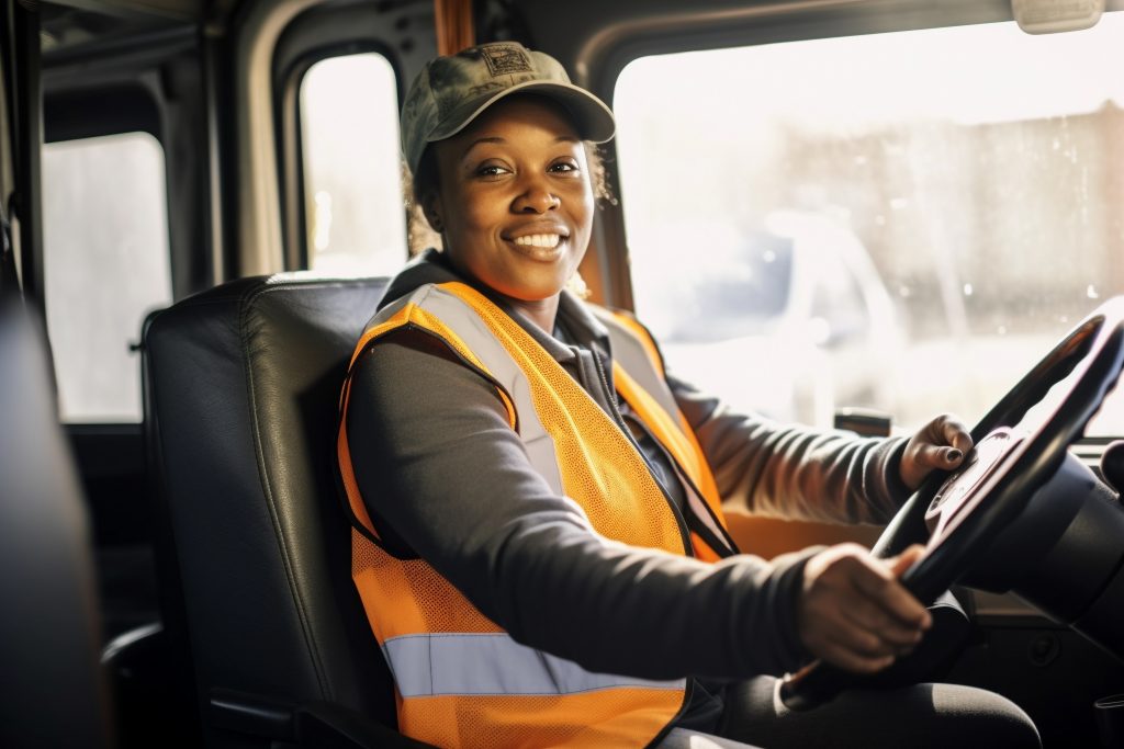 Female delivery truck driver sitting at the helm