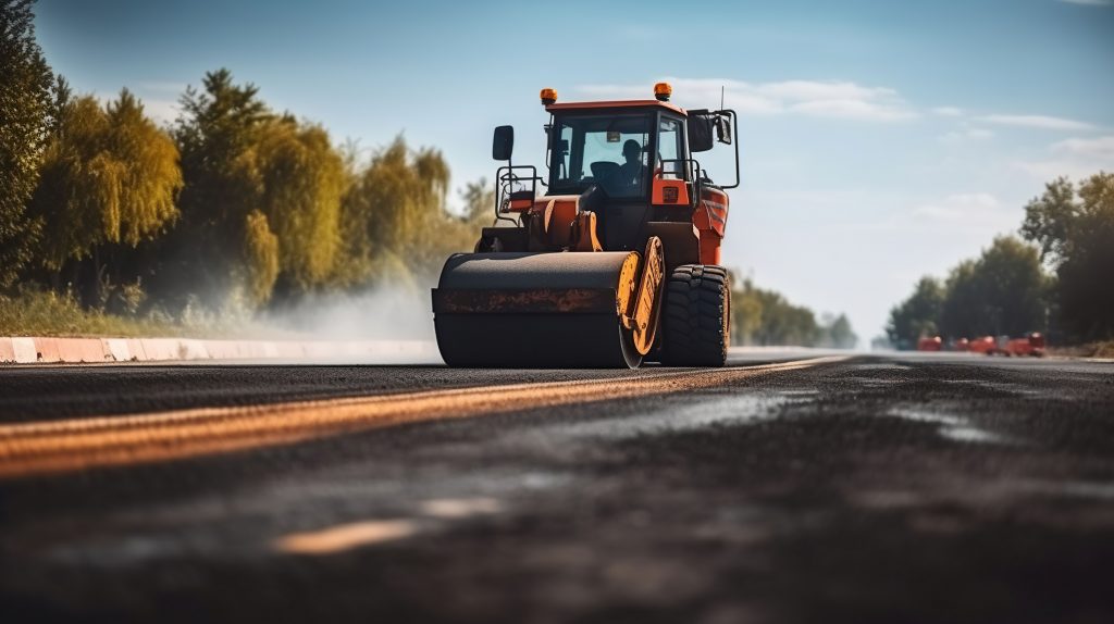 Roller rolling fresh hot asphalt on the new road. Road construction. Generative AI