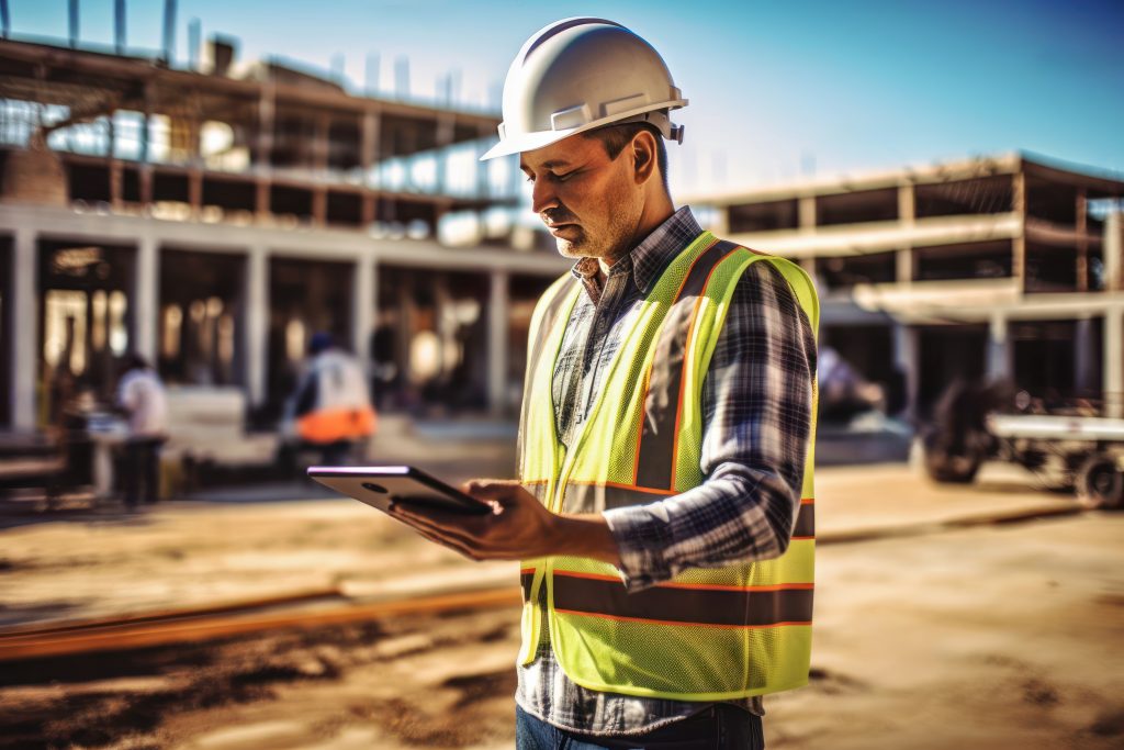 Site supervisor checking tablet at construction site, Generative AI