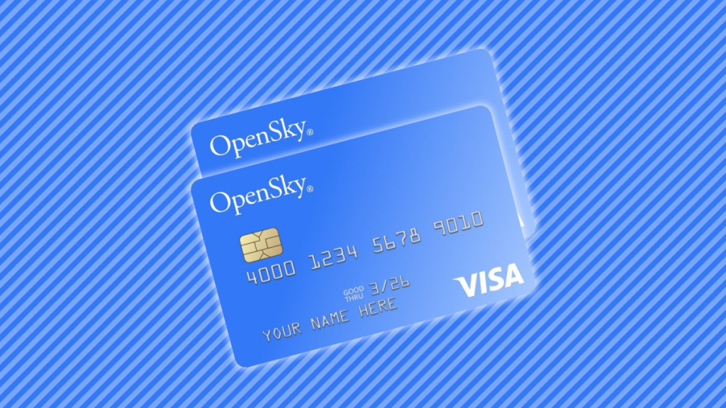 OpenSky® Secured Visa® Credit Card on a blue background with light blue stripes