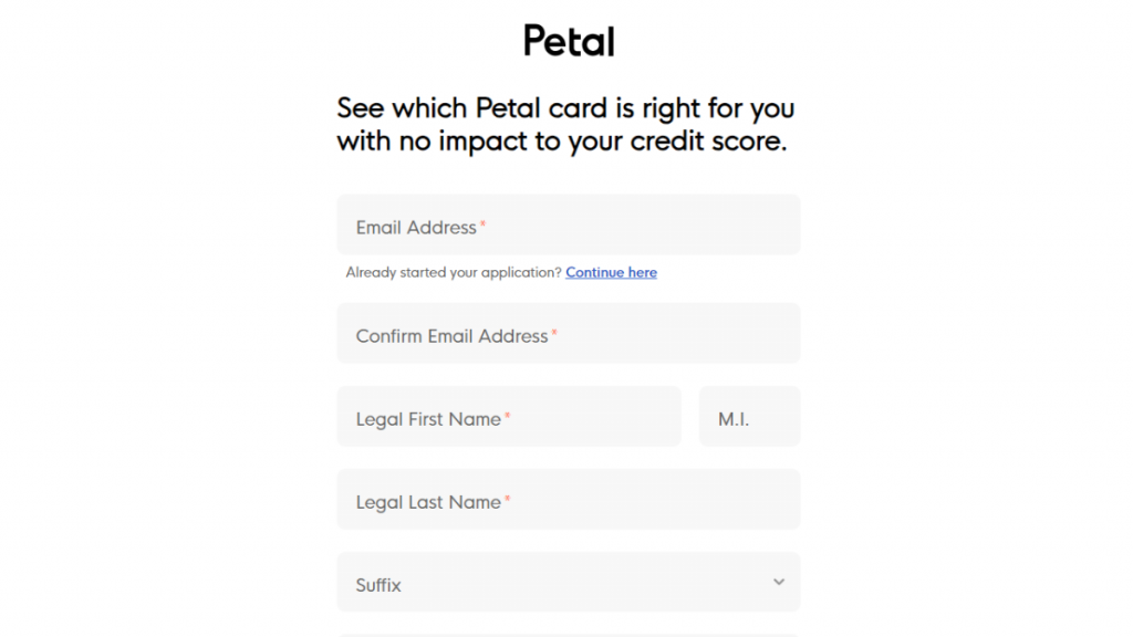 Petal® 2 Visa® Credit Card application page