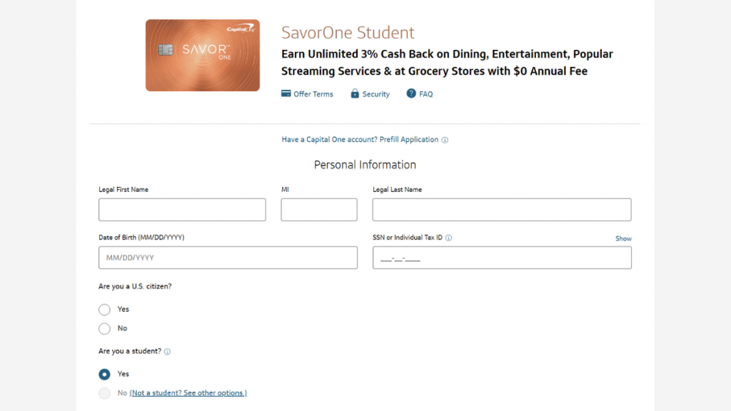 Capital One SavorOne Rewards for Students Credit Card application page