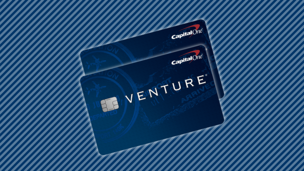 Capital One Venture Rewards Credit Card on a blue background with light blue stripes
