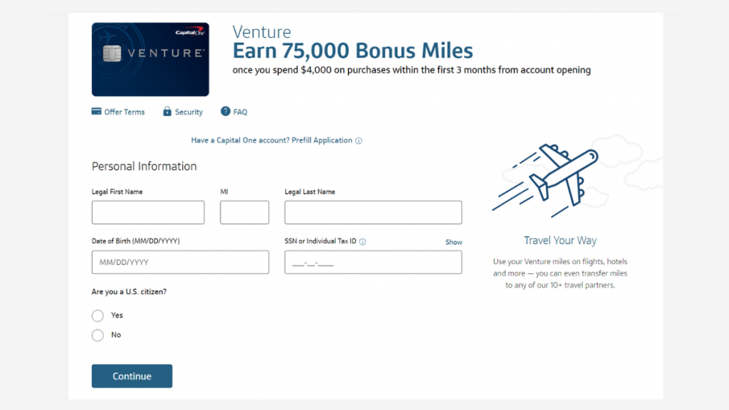Capital One Venture Rewards Credit Card application page