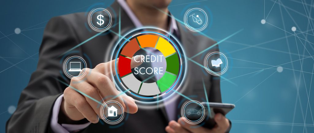 Businessman pressing button on touch screen interface and select credit score.